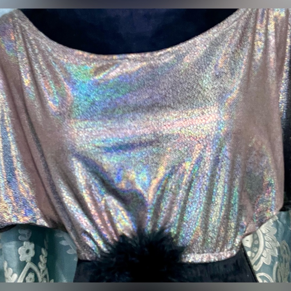 Glam Top Size Medium Super Cropped Feather Accent Short Sleeved Holographic